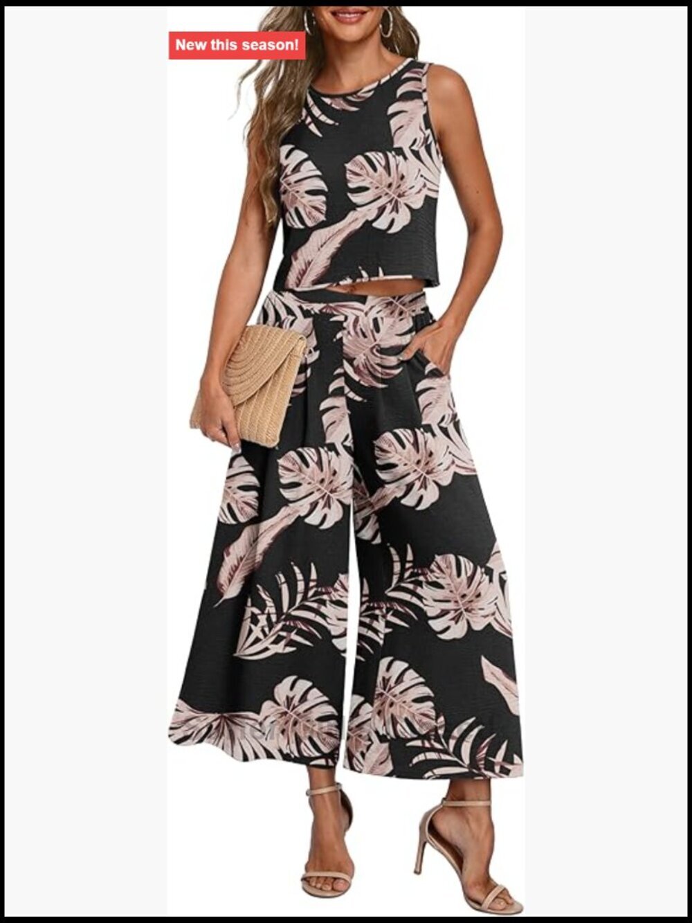 2 Piece Outfits Sleeveless Crop Top Flowy Wide Leg Pants Matching Set